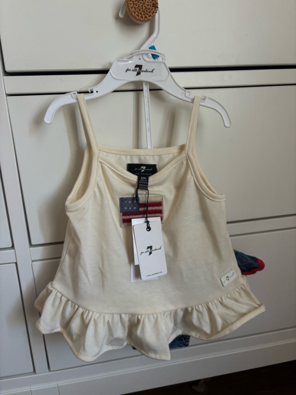 7 For All Mankind Cream Ruffle Hem Tank with Flag Patch, memorial, 4th of July W